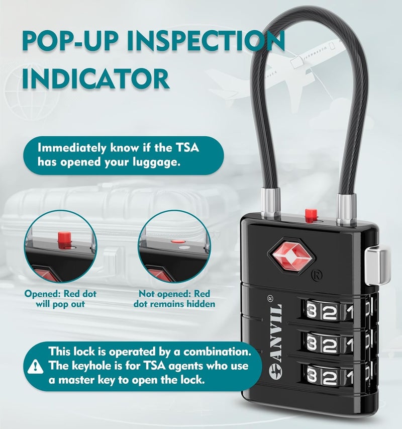 Anvil TSA Approved Luggage Locks – High Security TSA008 Combination Travel Locks with Inspection Indicator for Suitcases and Backpacks. (4 Colors) - Image 3